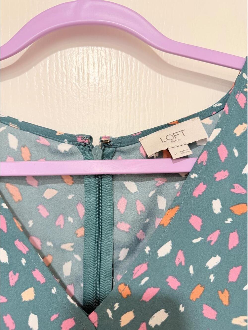 LOFT Womens Teal Green Pink Print Ruffle Sleeve Wrap Dress Size 8 - Picture 4 of 5